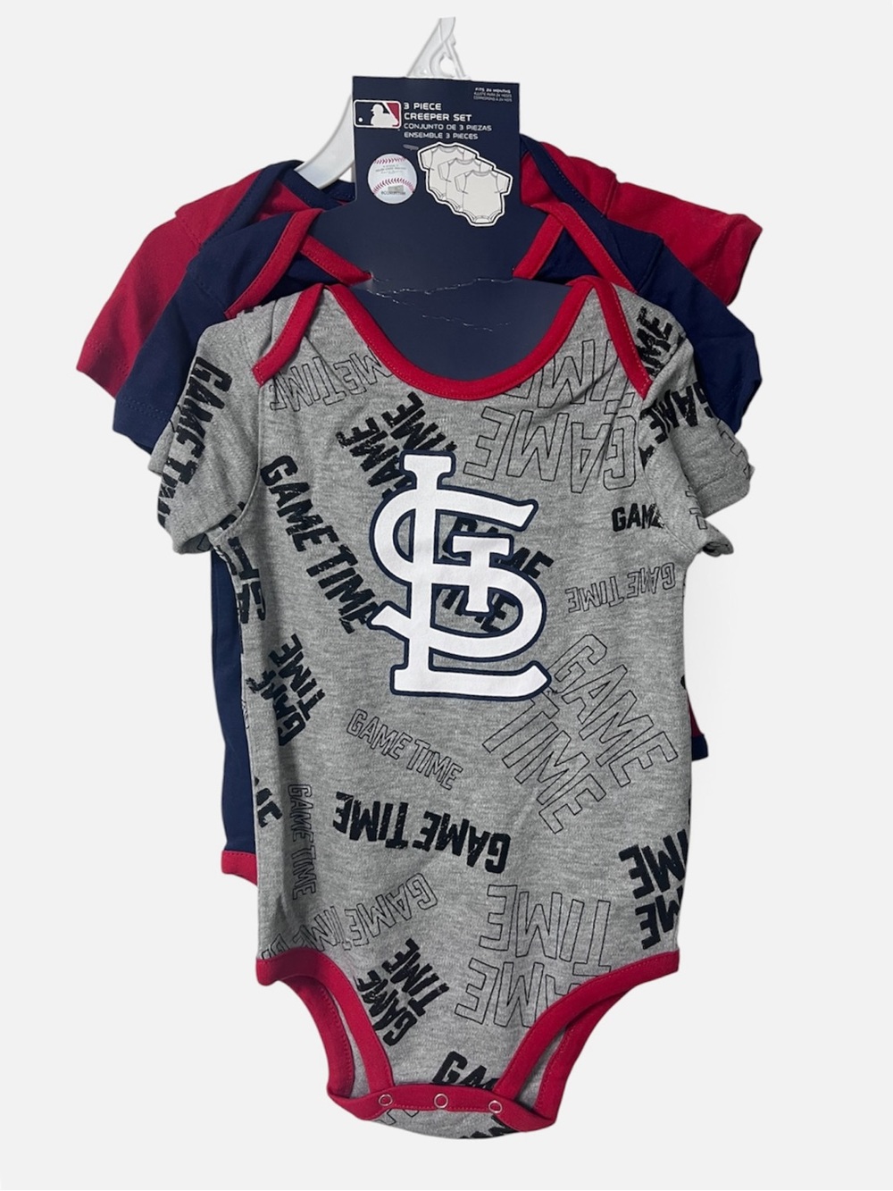 MLB St. Louis Cardinals Gray, Navy & Red 3-Pack Baby Bodysuits 24month